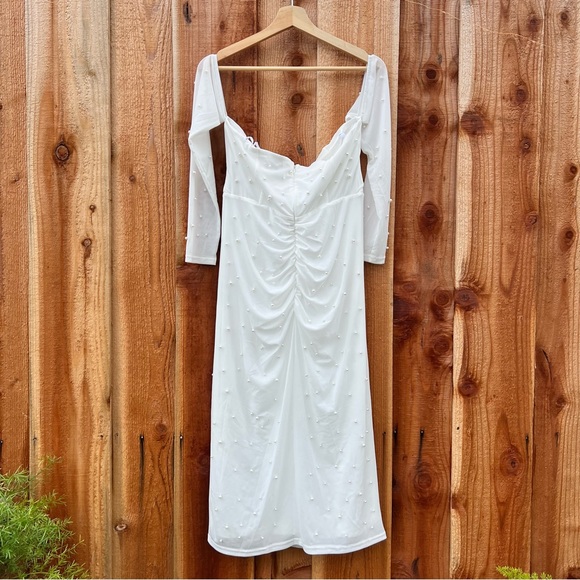 White Mesh Pearl Off-The-Shoulder Bodycon Midi Dress🌿 - Picture 6 of 9